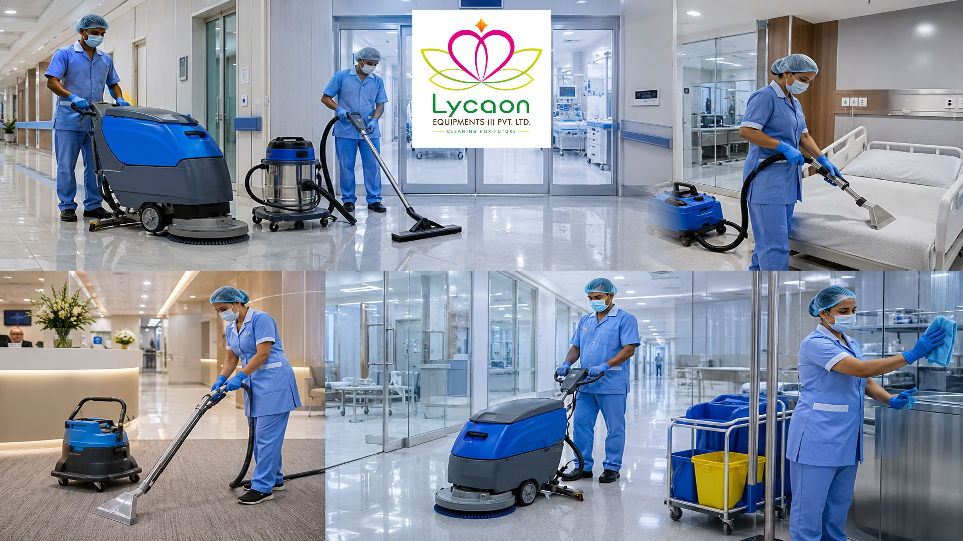 Professional hospital cleaning machines including floor scrubber, industrial wet and dry vacuum cleaner, steam cleaning machine, and housekeeping staff maintaining hygiene inside a modern healthcare facility.
