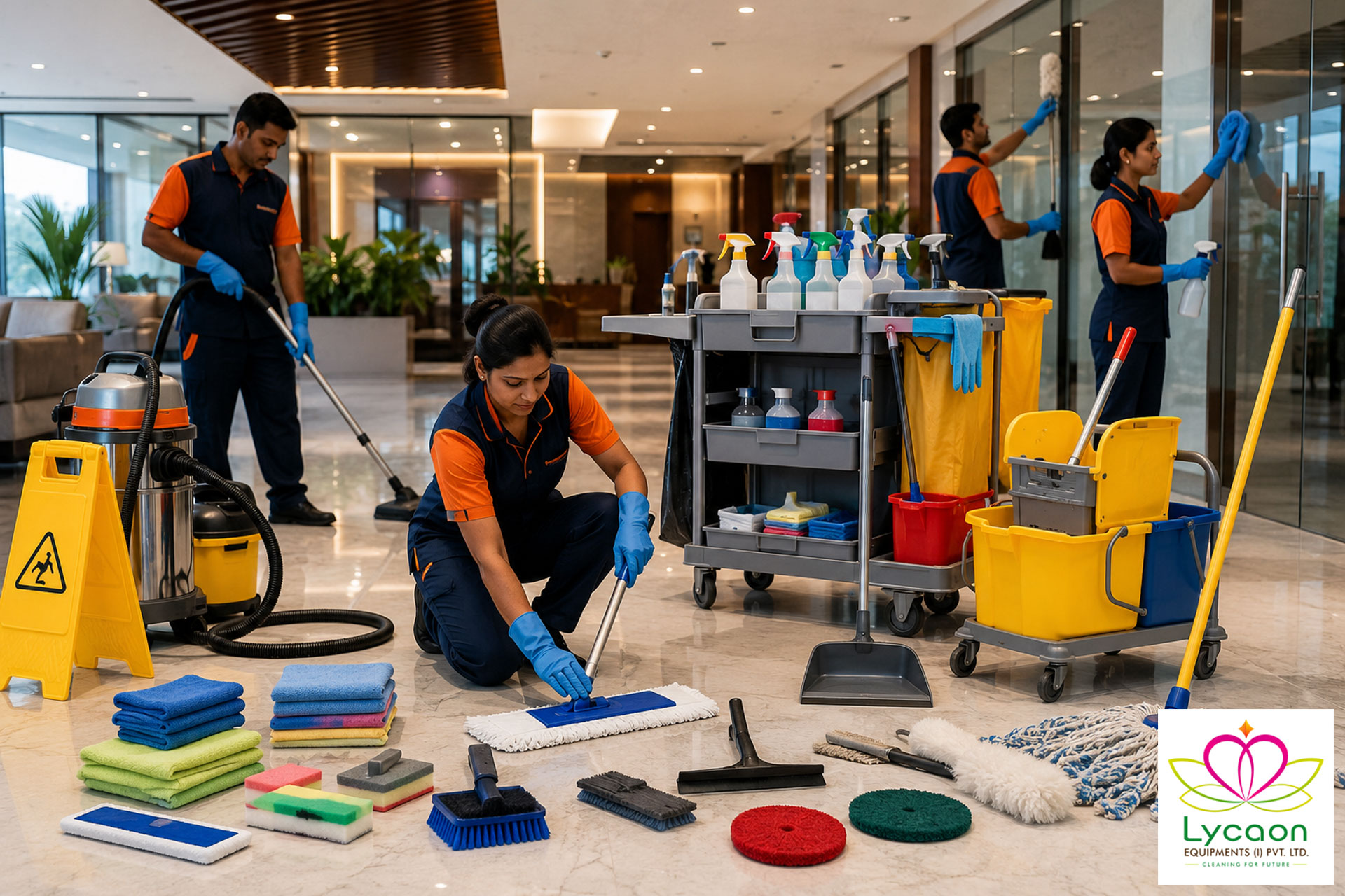 Professional housekeeping cleaning tools including microfiber cloths, mop system, cleaning trolley, buckets, brushes, squeegee, dusters, spray bottles, and waste collection equipment arranged inside a modern commercial building.