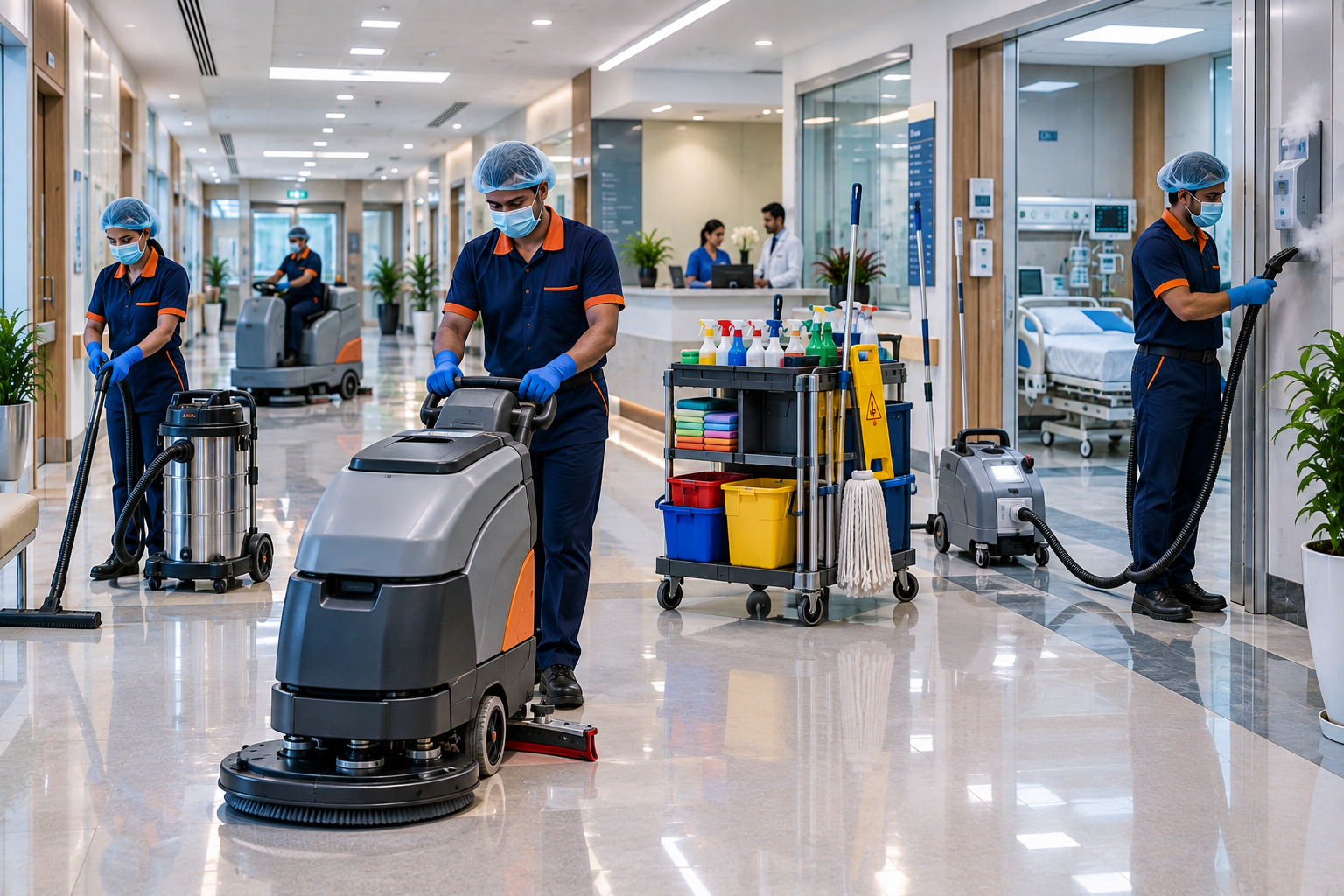 Professional hospital housekeeping staff using floor scrubber, wet and dry vacuum cleaner, steam cleaner and cleaning trolley inside a modern healthcare facility.