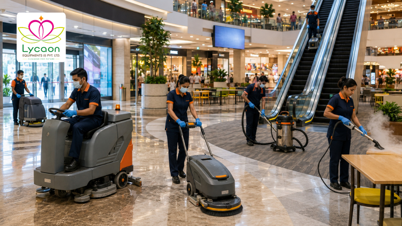 Professional floor scrubber machine being used by housekeeping staff to clean a polished commercial floor in India.