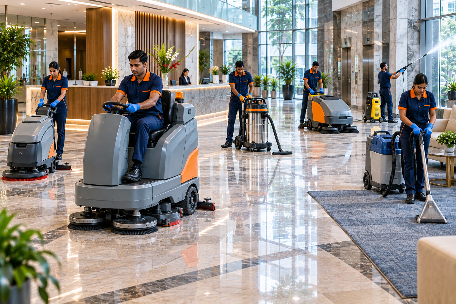 Commercial cleaning machines including ride-on floor scrubber, industrial vacuum cleaner, floor sweeper, steam cleaner and carpet cleaning machine in a modern Indian commercial facility.