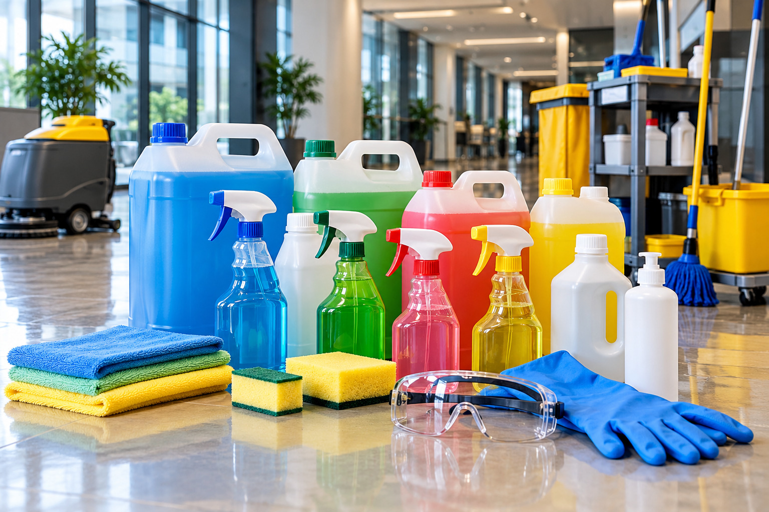 Professional commercial cleaning chemicals including floor cleaners, disinfectants and degreasers