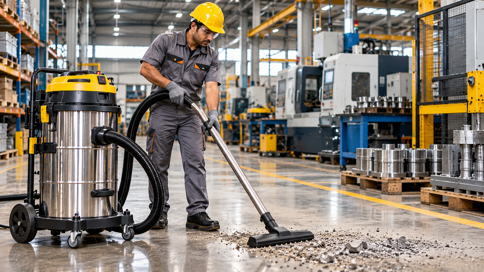 Industrial vacuum cleaner buying guide showing a worker using heavy-duty cleaning equipment in a factory.