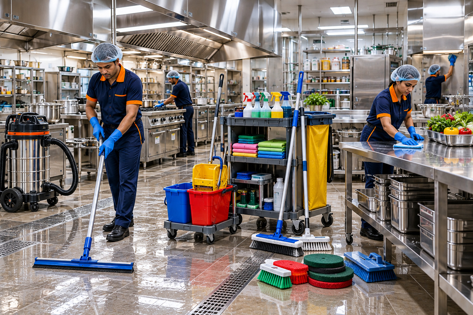Professional kitchen cleaning tools including floor brushes, squeegees, microfiber cloths, scrub pads, mop bucket, wet and dry vacuum cleaner, and cleaning trolley.