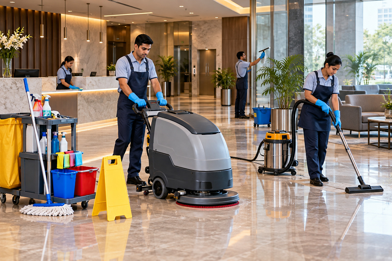 Professional housekeeping staff using commercial cleaning equipment in a modern office